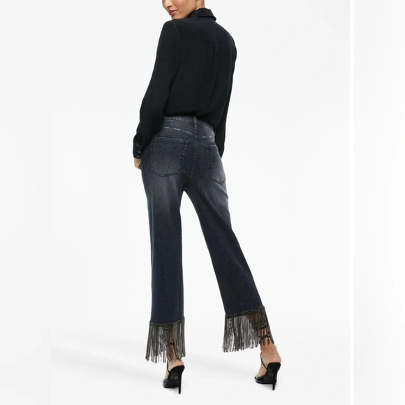 Alice + Olivia Amazing Crystal Fringe Hem Jean Size 26 Maya Charcoal Black - Picture 5 of 14